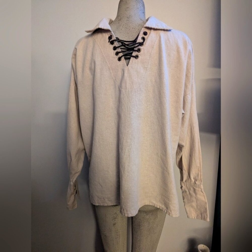 Medieval linen shirt with leather lacing at collar Designer Anne LaRochelle - Picture 2 of 8